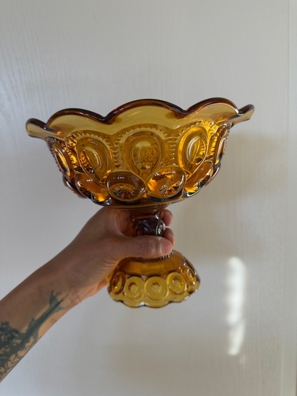 Vintage Amber Pressed Glass Pedestal Compote Bowl